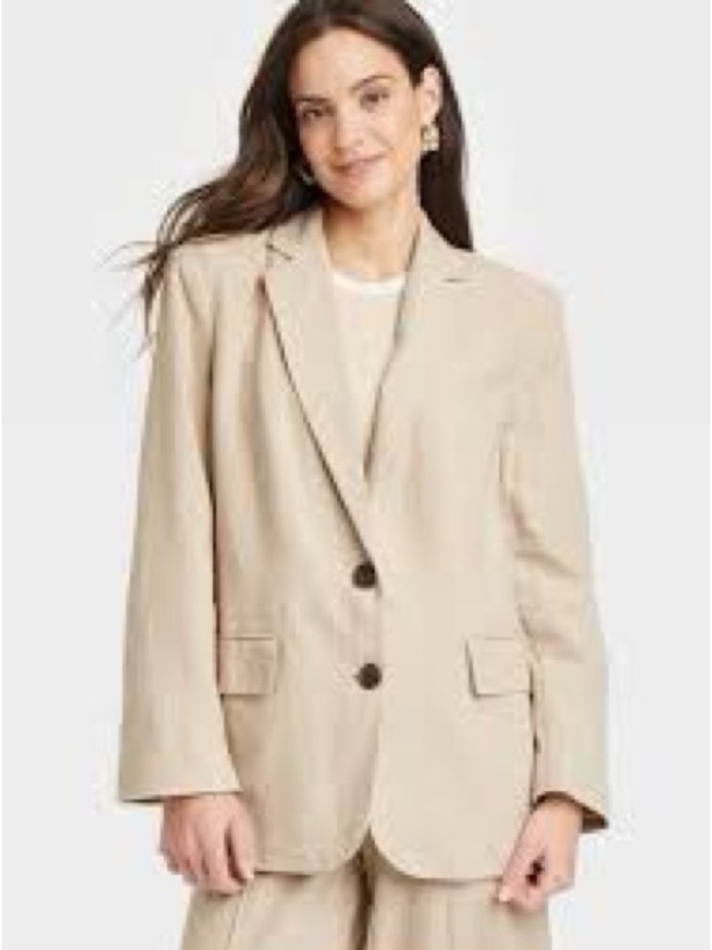 A New Day Women's Blazer Natural Beige Button Up Linen Blend Neutral Jacket Sz M